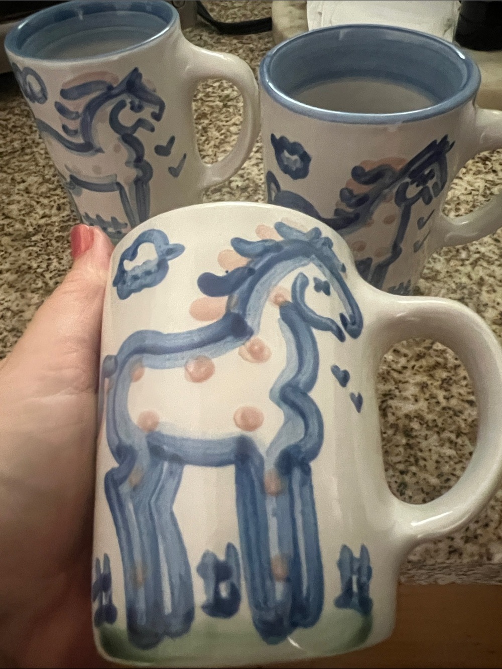 RARE VINTAGE MA HADLEY Hand-Painted Blue Horse Art Mugs-set of 3 - Picture 4 of 7